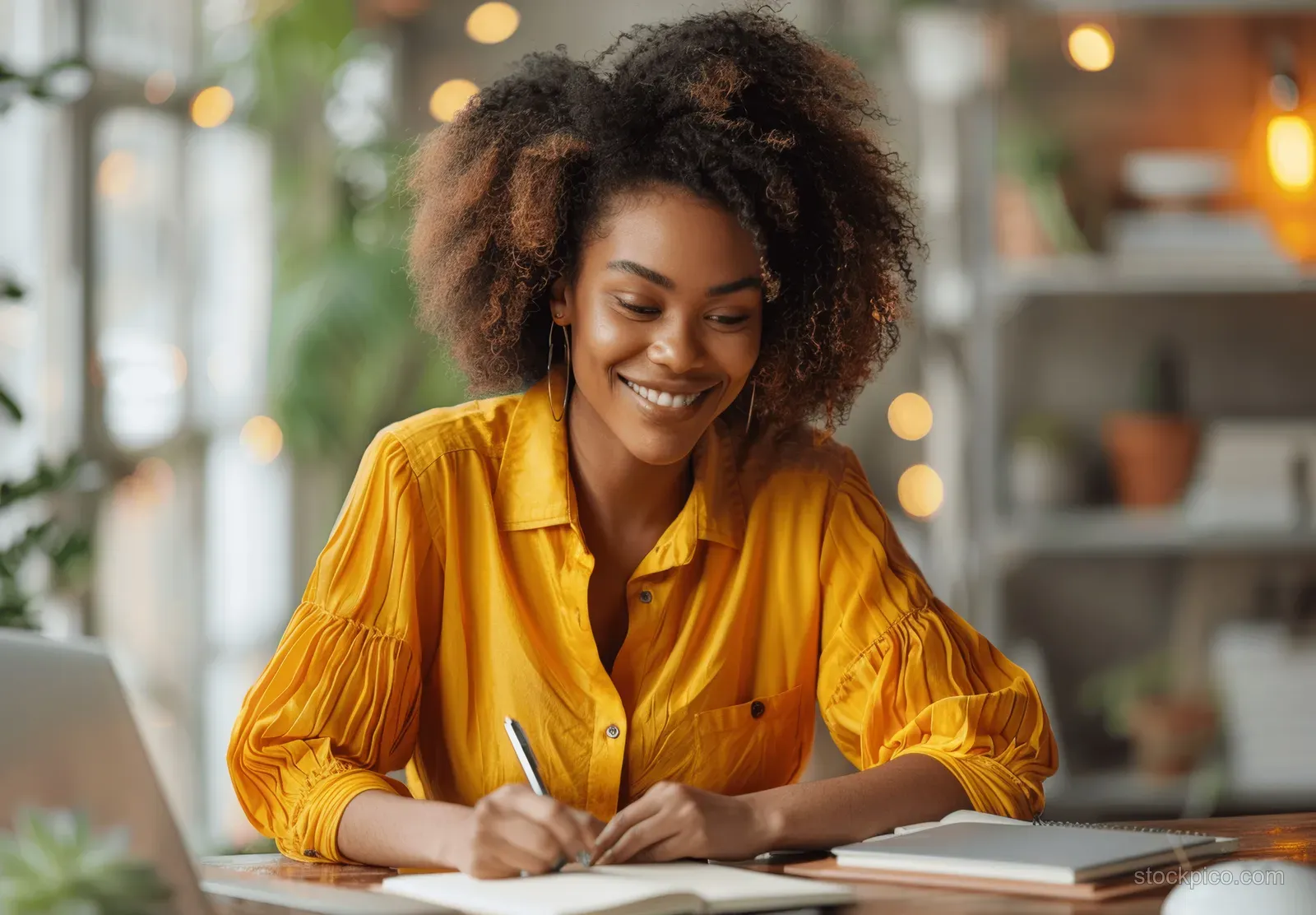 Smiling African American woman in a yellow shirt writes in a notebook at a desk with a laptop nearby.