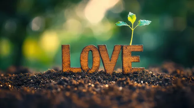木制的“LOVE”字母插在土壤中，一株绿色嫩芽在温暖的阳光散景背景下生长。