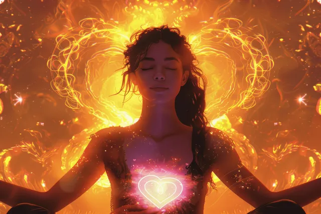 Woman meditating in lotus pose at sunset, glowing heart and fractal energy halo
