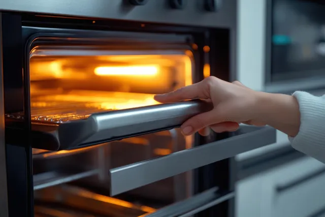 A hand opens a glowing oven door, showing orange-lit racks inside a modern kitchen.