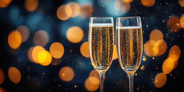 Two champagne flutes of golden sparkling drink clink against warm bokeh lights in a dark festive background.
