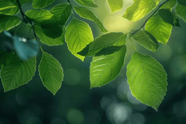 Fresh green leaves on a branch with soft sunlit bokeh in a spring forest background.