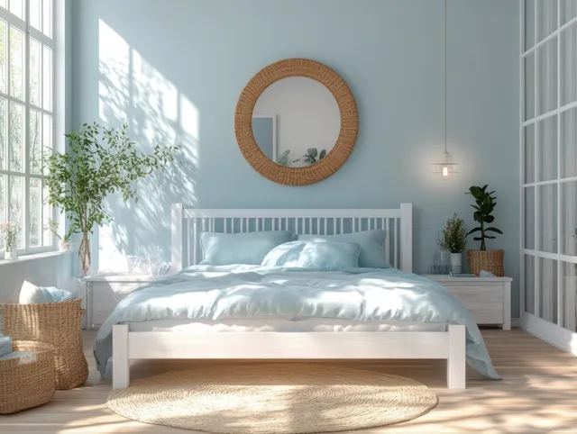 Minimalist white bedroom with blue bedding, warm wooden floors, round wall mirror, and sunlight from tall windows.