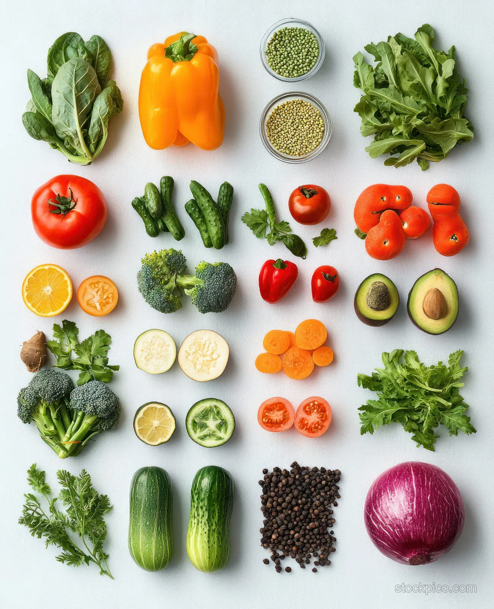 Assorted fresh vegetables arranged in a flat lay on a white background.