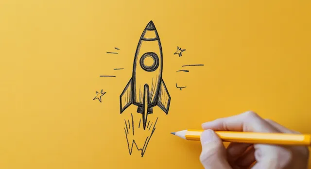 Hand sketching a rocket launch on bright yellow background with pencil details