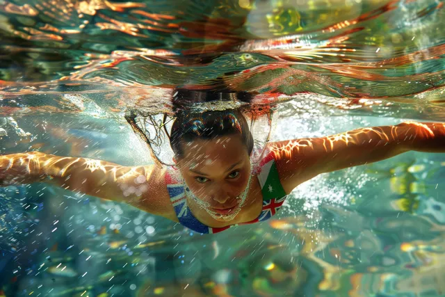 A female swimmer breaststrokes underwater with bubbles and sunlit ripples around her head and arms.