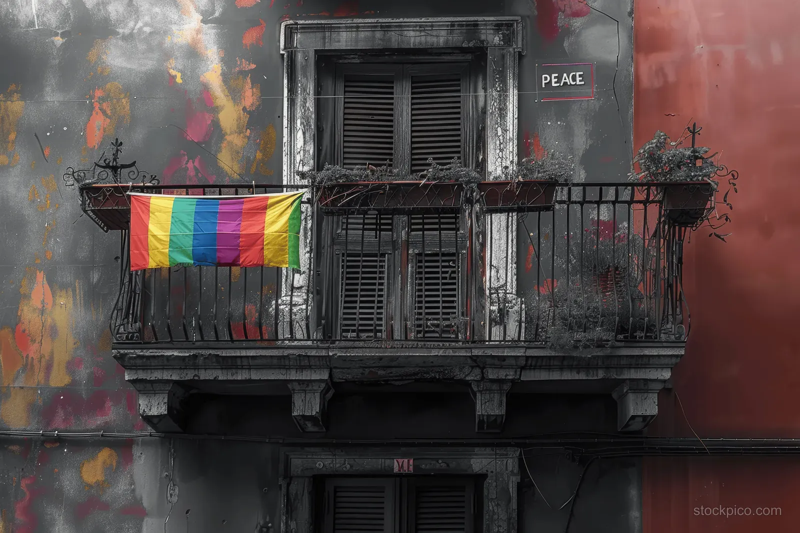 A rainbow flag hangs from a weathered balcony on a painted building facade.