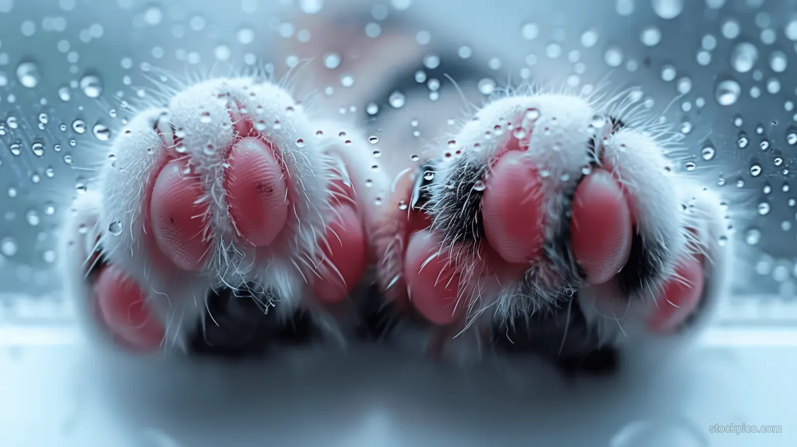 Fluffy cat paws with pink pads pressed against a window covered in raindrops.