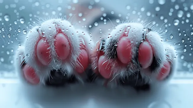 Fluffy cat paws with pink pads pressed against a window covered in raindrops.