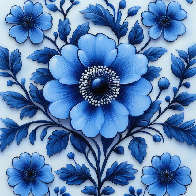Blue and white floral blossoms with leafy vines form a repeating seamless pattern background.