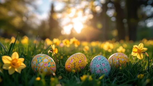 Colorful Easter eggs rest in green grass among yellow flowers with warm glowing sunset light behind them.