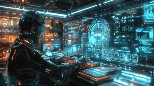 Cybernetic analyst typing on holographic laptop inside high-tech control room