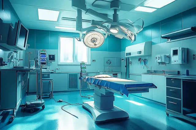 Sterile operating room with blue lighting, surgical table, and overhead surgical lamps