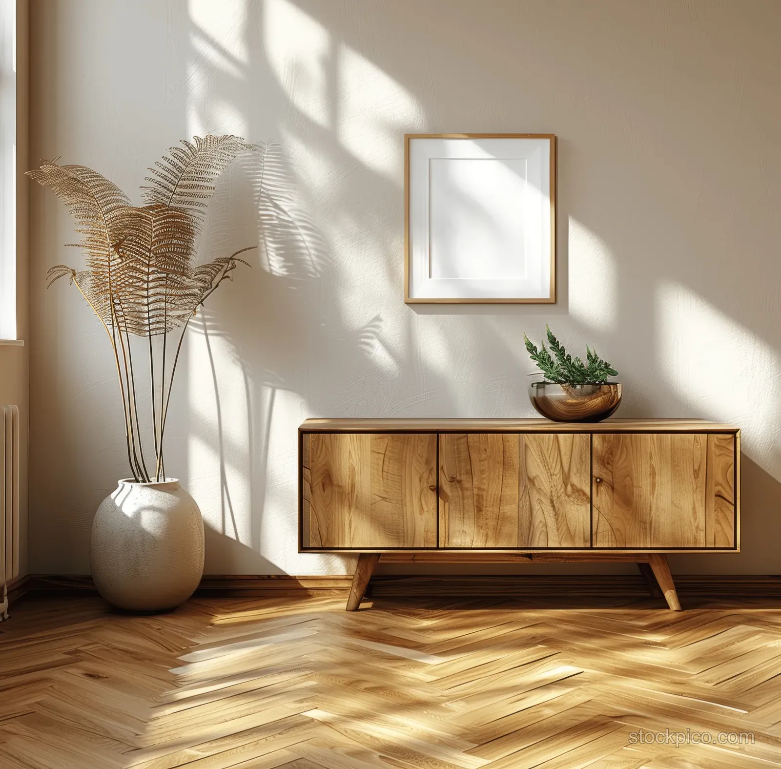 Wooden sideboard with small potted plant and framed artwork against a light wall in a sunlit coastal bedroom.