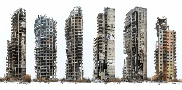 Multiple destroyed skyscrapers with exposed concrete frames and broken windows isolated on a white background.