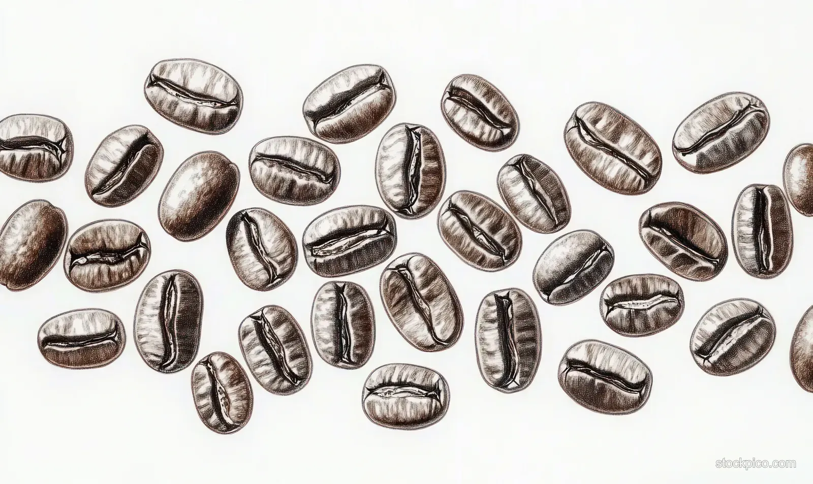 Scattered coffee beans of varied sizes and dark browns on a white background.
