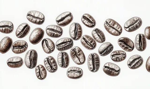 Scattered coffee beans of varied sizes and dark browns on a white background.