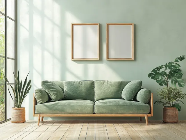Green velvet sofa sits in a white room between two empty picture frames, surrounded by potted plants near windows.