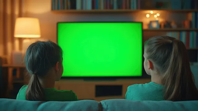 Two children sit on a couch facing a wall TV showing a bright green screen in a warm living room.