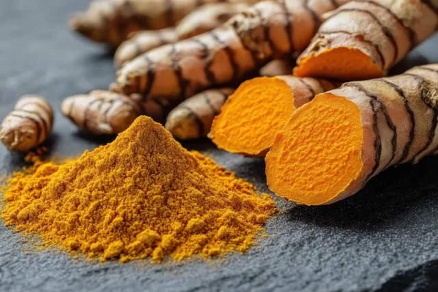 Turmeric roots and a mound of bright orange ground turmeric powder on a dark textured stone surface.