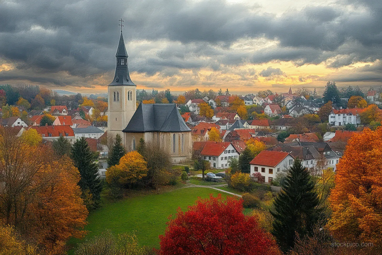Aerial view of a quaint European town with a church tower surrounded by vibrant autumn foliage under a dramatic cloudy sky.