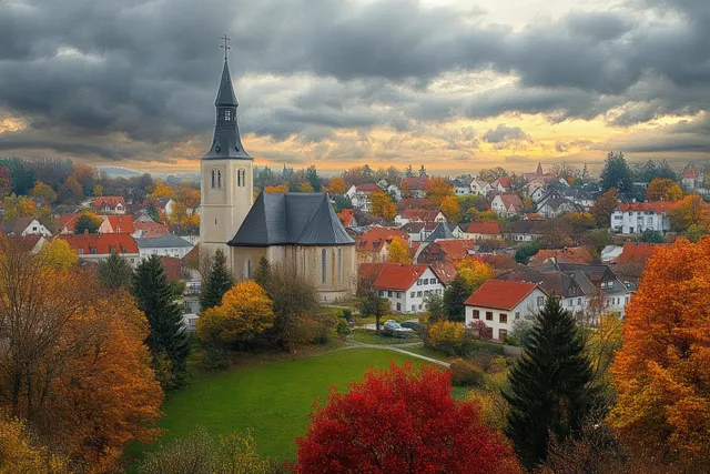 Aerial view of a quaint European town with a church tower surrounded by vibrant autumn foliage under a dramatic cloudy sky.