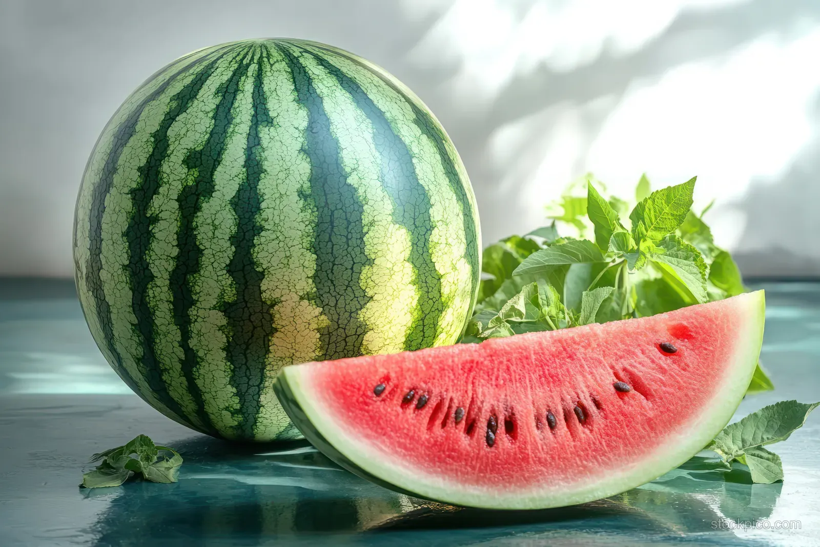 Whole watermelon and a red slice with visible seeds on a table beside green leaves.