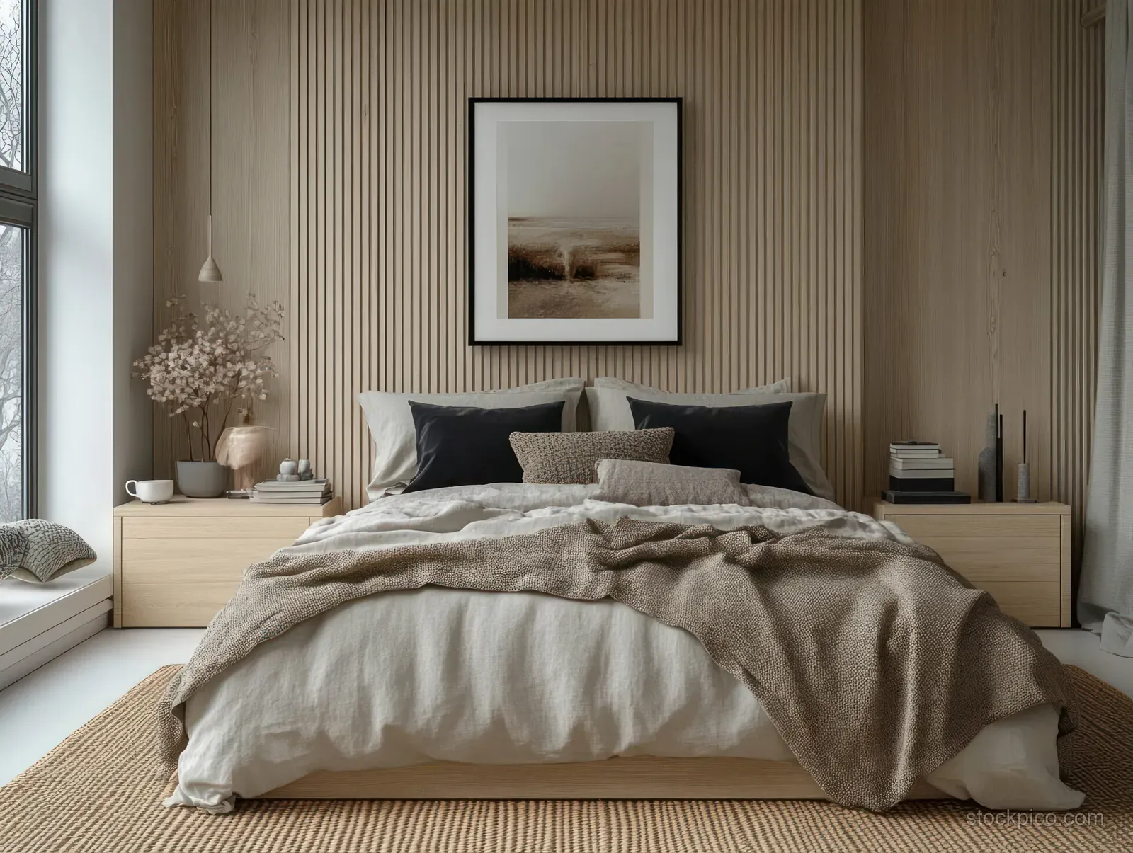 A neutral linen bed with pillows and a knitted throw, framed art above, and minimalist nightstands with plants and books.