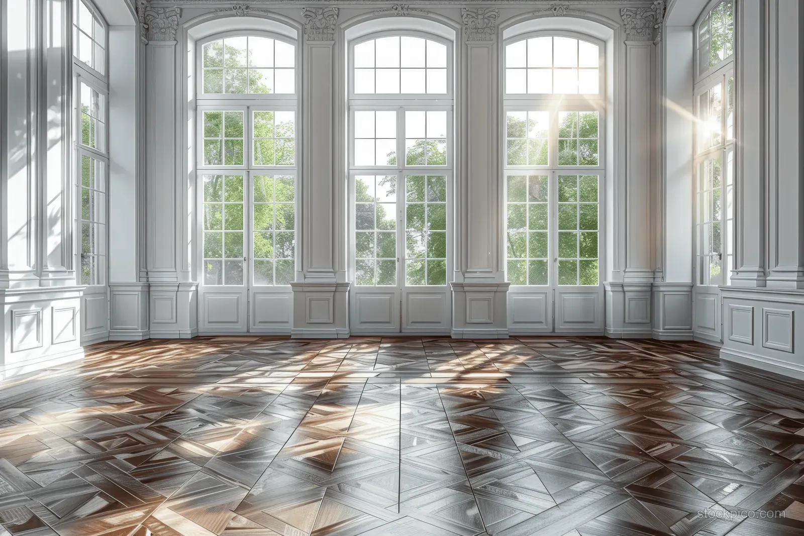 Sunlight pours through arched windows onto a detailed herringbone parquet floor in a classical hall.