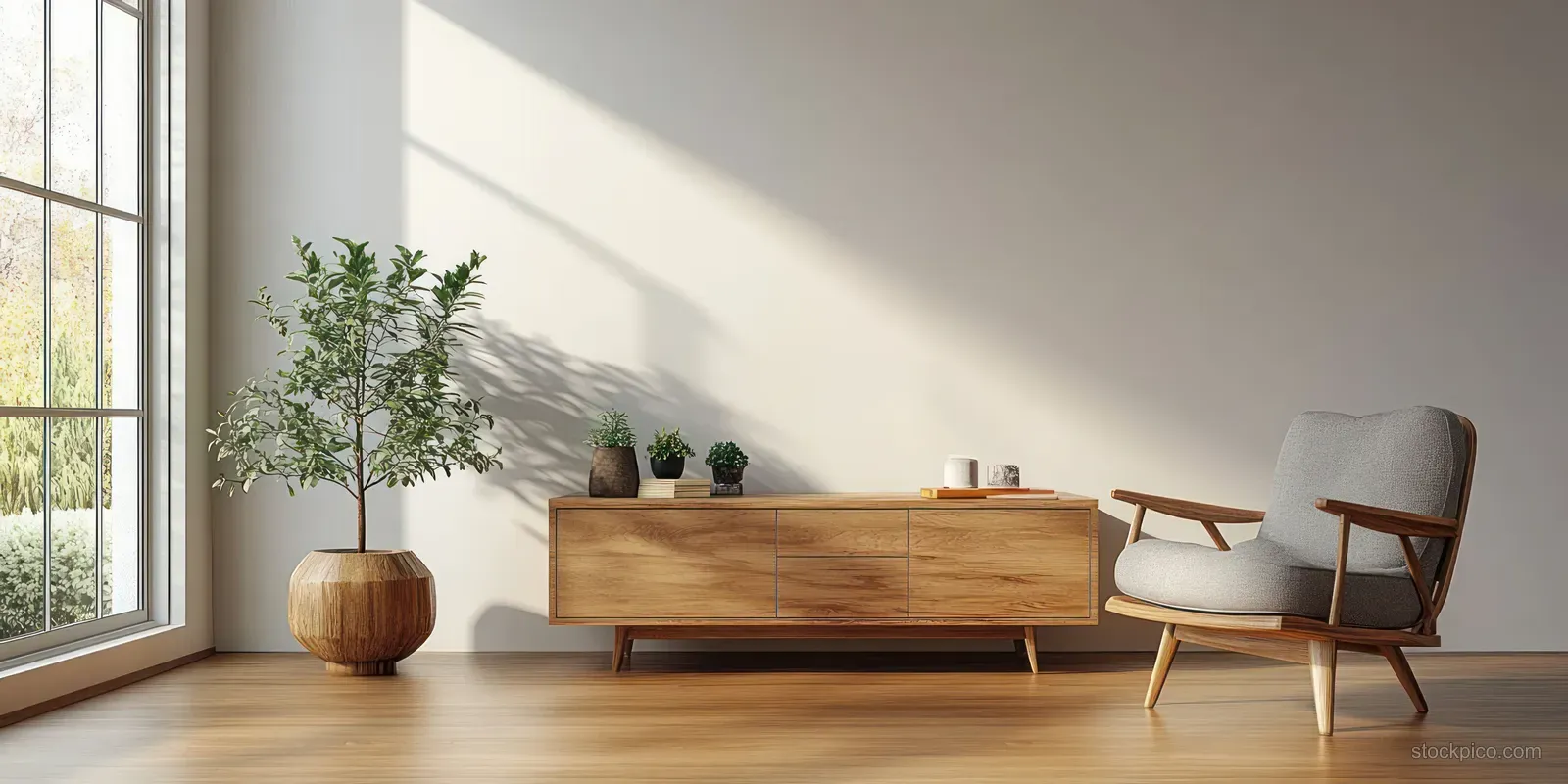 Sunlit Scandinavian interior corner with a wooden sideboard, modern armchair, and small potted plants by a window.