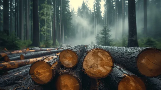 Cut wooden logs stacked in a misty forest with visible bark texture and tall tree trunks behind.