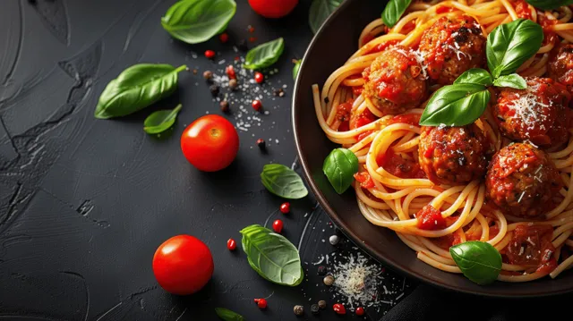 Spaghetti with meatballs in tomato sauce, basil garnish on black flat lay table