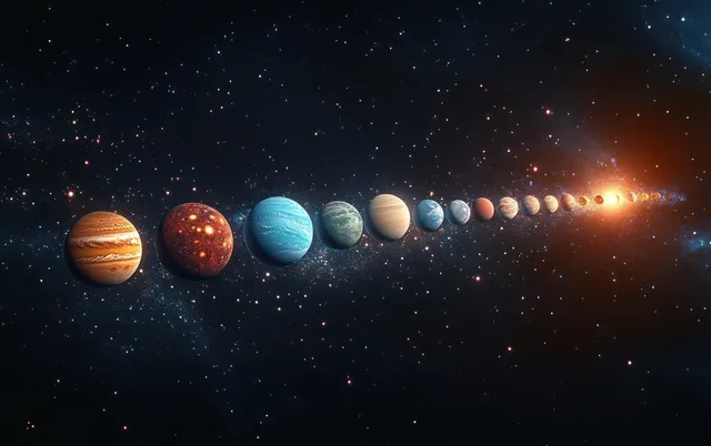 3D planets aligned around a glowing sun against a dark nebula filled with stars and light streaks.