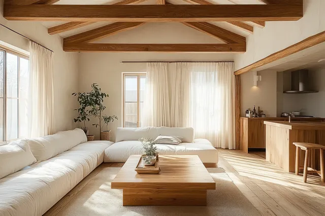 Sunlit living room with white sectional sofa, wooden beams overhead, sheer curtains, and a central coffee table.