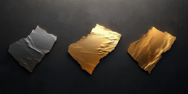 Three irregular metallic textured sheets on a dark background