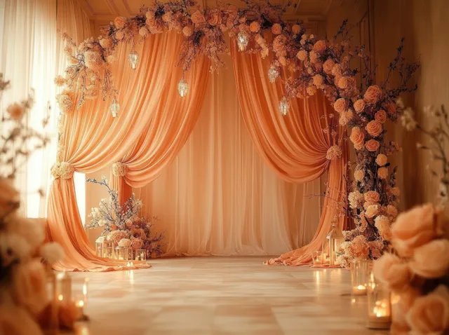 Warm indoor ceremony stage with a peach fabric backdrop, floral arch, and glowing candles along the floor.