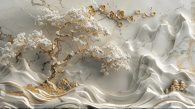 White branching tree with golden blossoms appears on a marble relief background with wave-like layers.