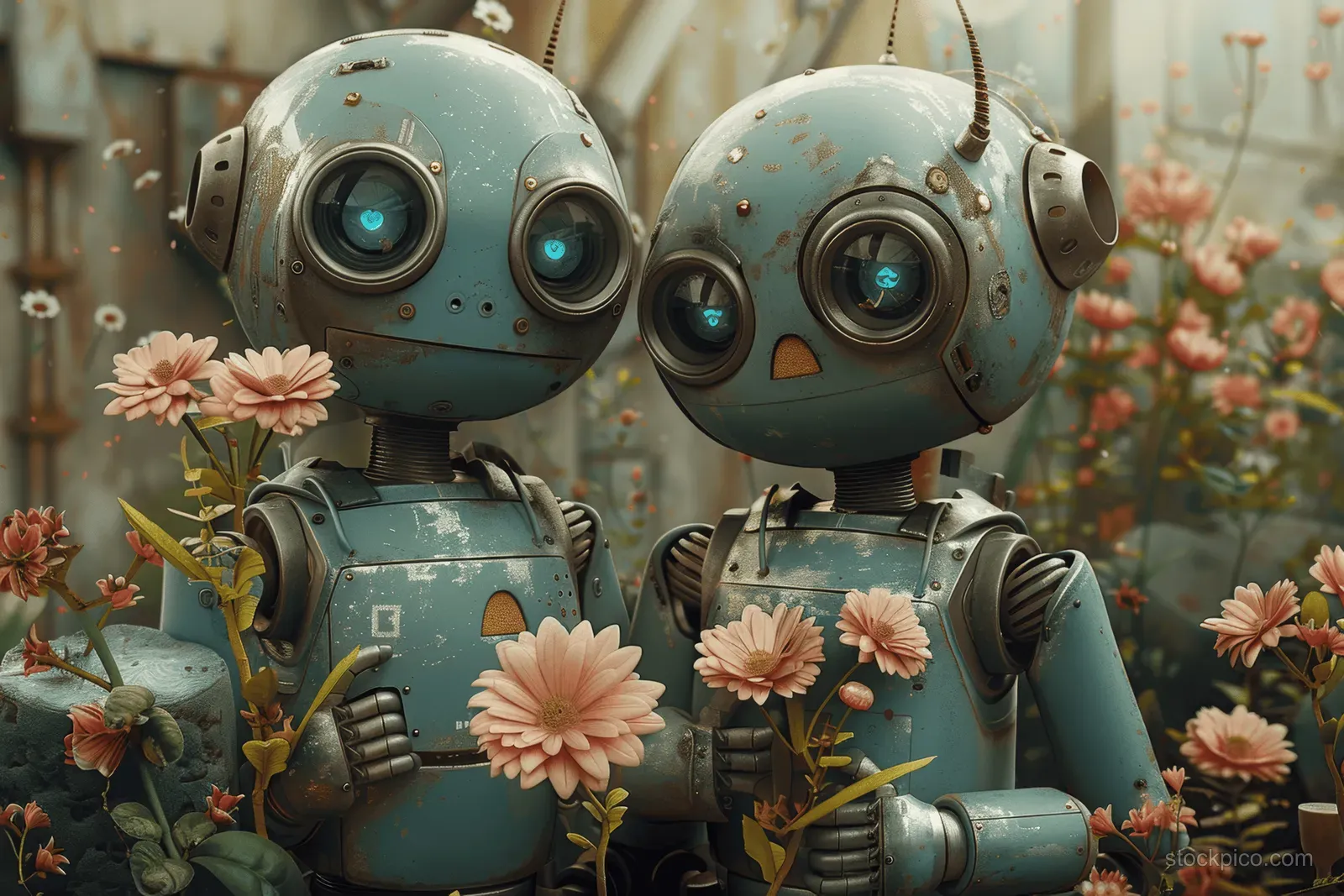 Two smiling robot parents hug their child robots surrounded by blooming pink flowers.