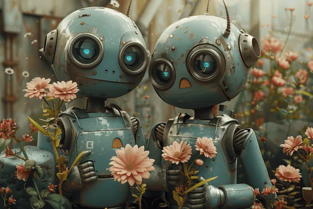 Robot parents hugging with children among pink flowers, soft dreamy light and petals
