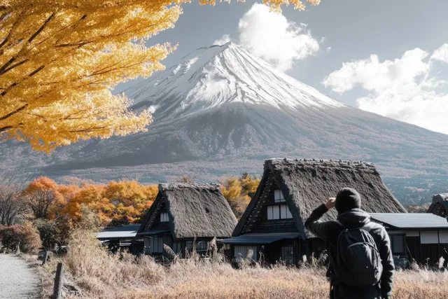 Back-view hiker with backpack stands beside thatched-roof houses with orange autumn trees and a snow-capped mountain behind.