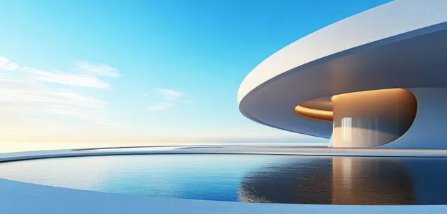 Curved minimalist building over still water with reflections beneath a clear bright blue sky.