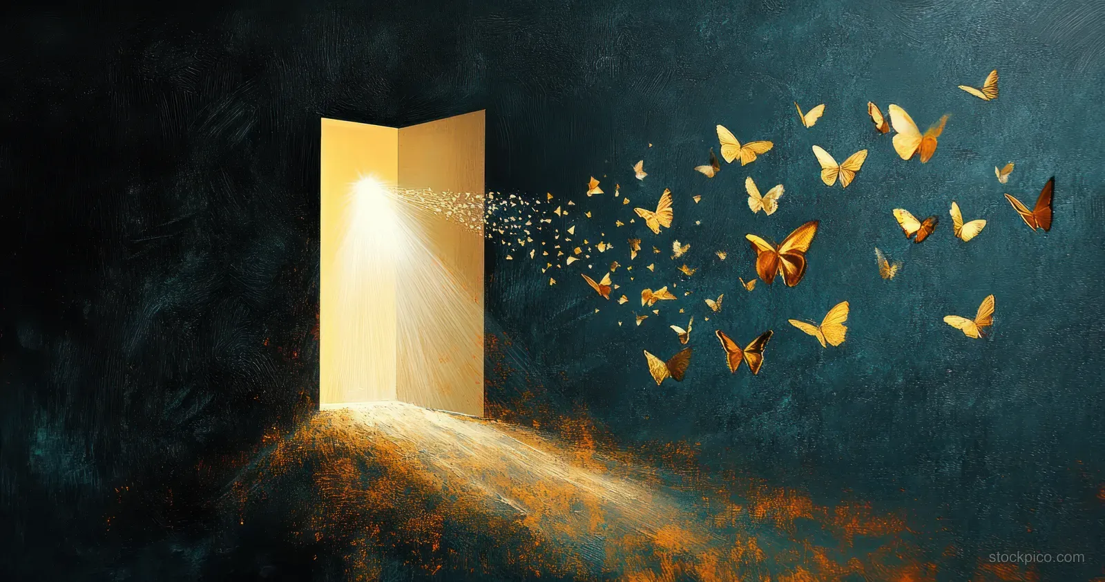 A glowing open door releases golden butterflies flying upward into a dark blue misty space.