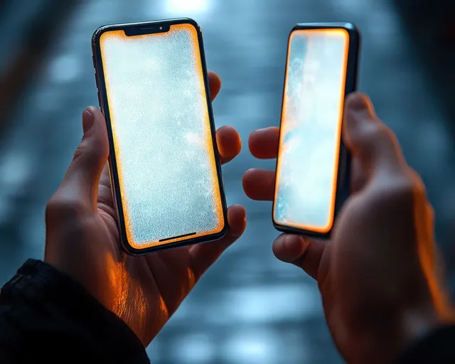 Two hands hold smartphones with glowing screens reflected in dim neon-lit city blur.