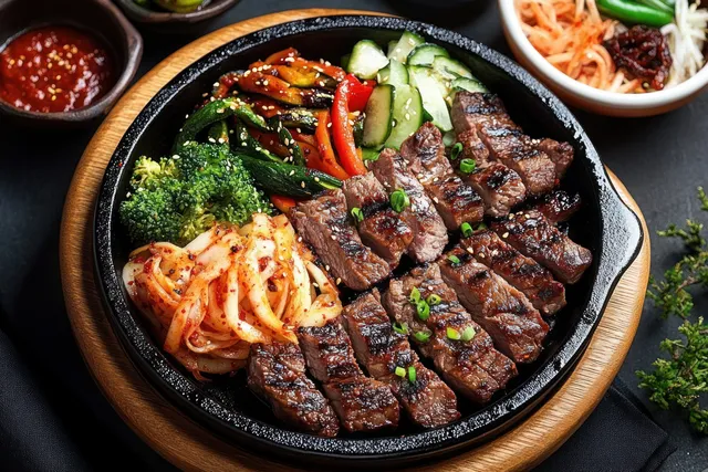 Sizzling grilled beef slices on a cast iron plate with kimchi, vegetables, and sesame seeds.