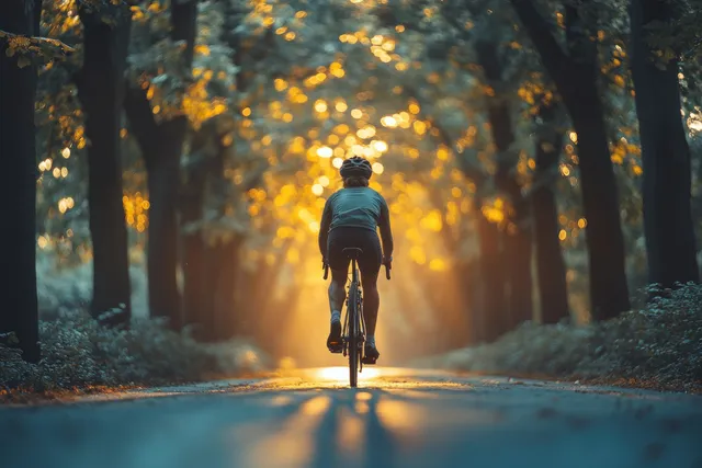 A cyclist rides along a tree-lined path illuminated by warm, dappled sunlight, creating a serene outdoor atmosphere.