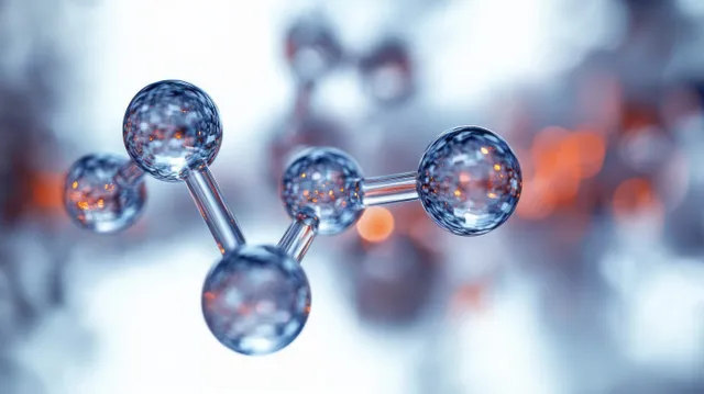 Transparent reflective spheres connected by glowing molecular bonds float against a bright, blurry laboratory background.