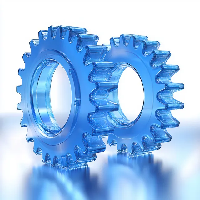 Two transparent blue 3D gears rendered with reflective highlights and soft shadows on a light background.