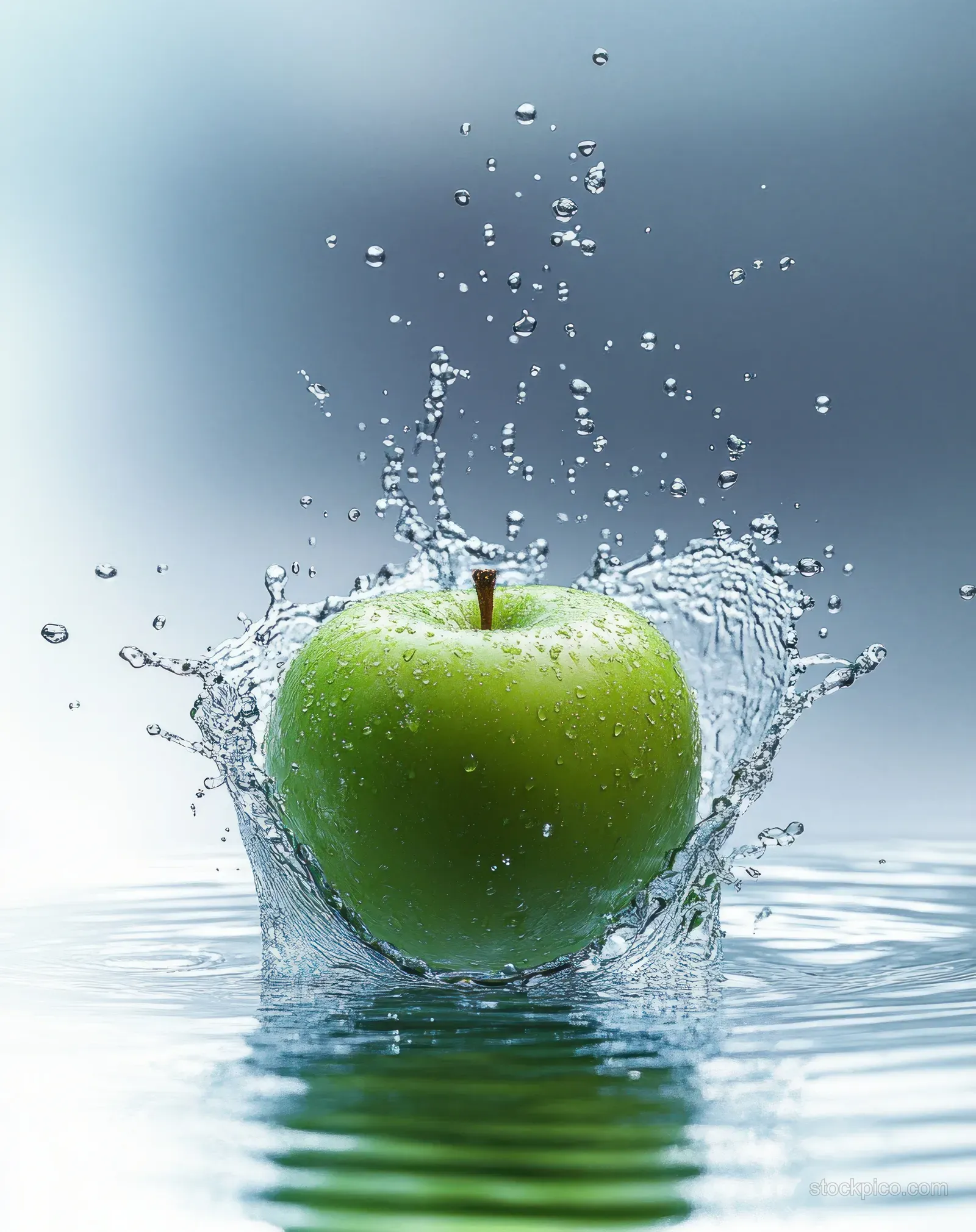 A vibrant green apple splashes into clear water, creating droplets and ripples in a refreshing studio setting.