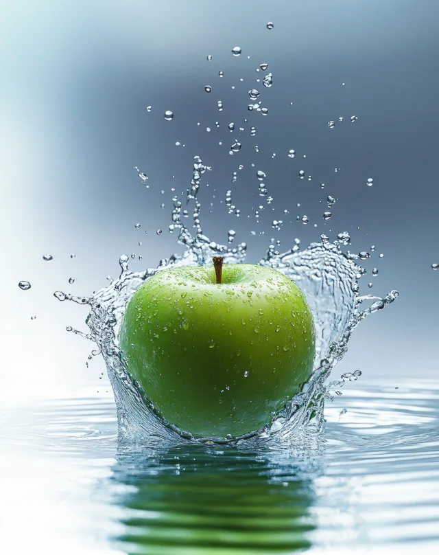 A vibrant green apple splashes into clear water, creating droplets and ripples in a refreshing studio setting.