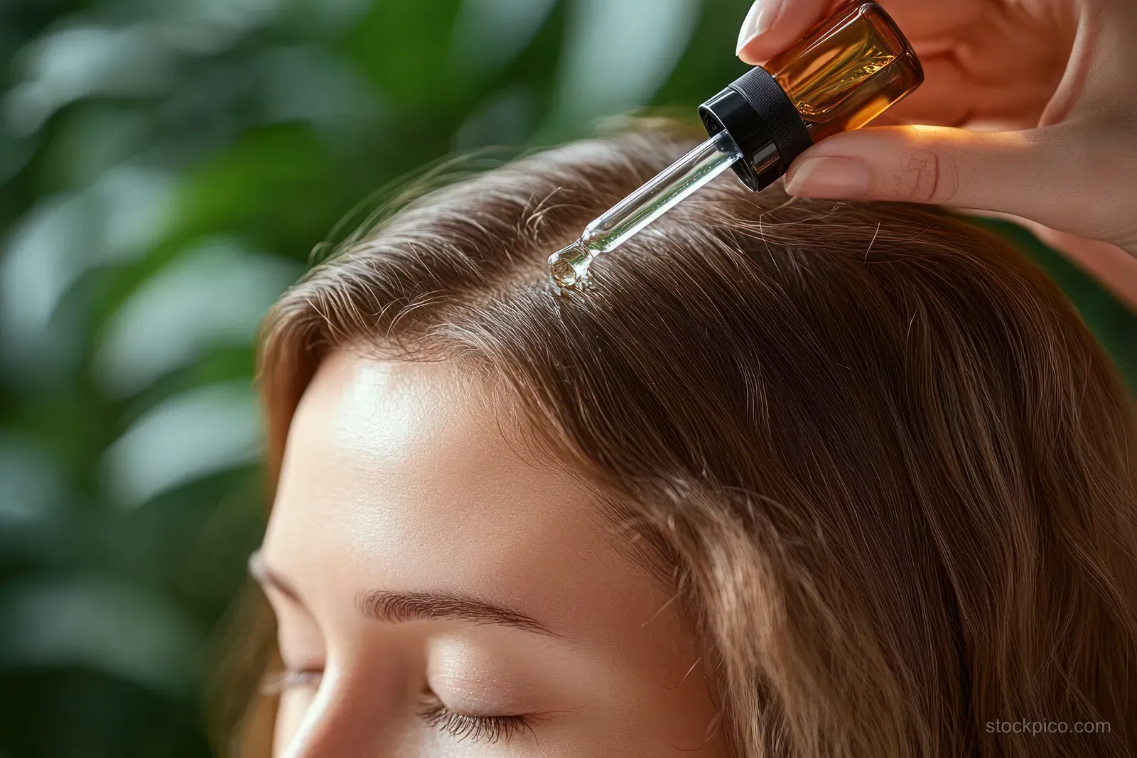A woman with closed eyes receives golden hair serum on her scalp from a dropper bottle against a green natural background.